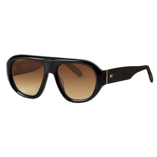 Three-quarter view of black sunglasses with brown gradient lenses on a white background.