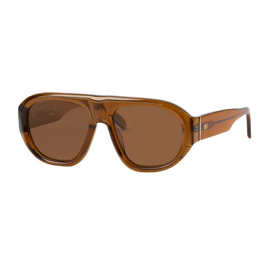 Three-quarter view of Whiskey aviator sunglasses showing the brown lenses, full-rim frame and tapered temples.