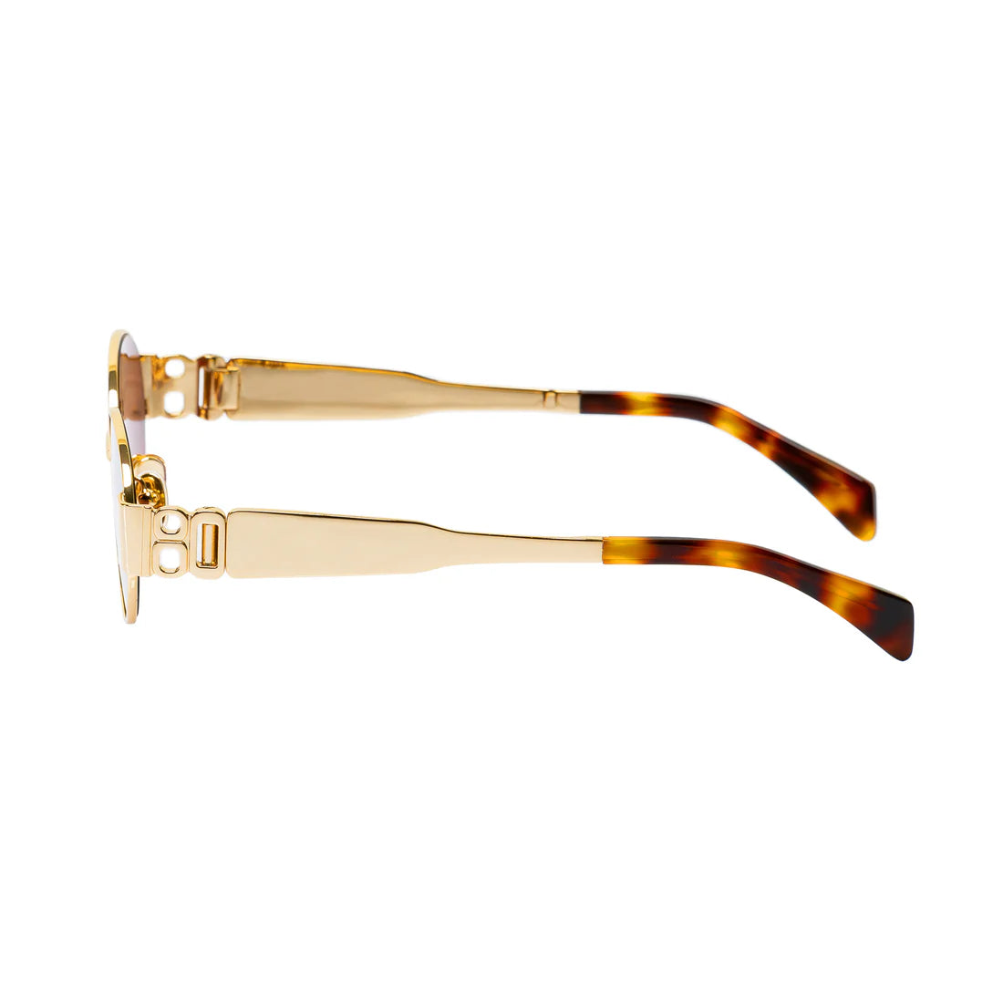 Side profile view of the 180EYEWEAR 'Isla' sunglasses in gold with brown lenses, showing the slim metal temple arm and tortoiseshell tip.