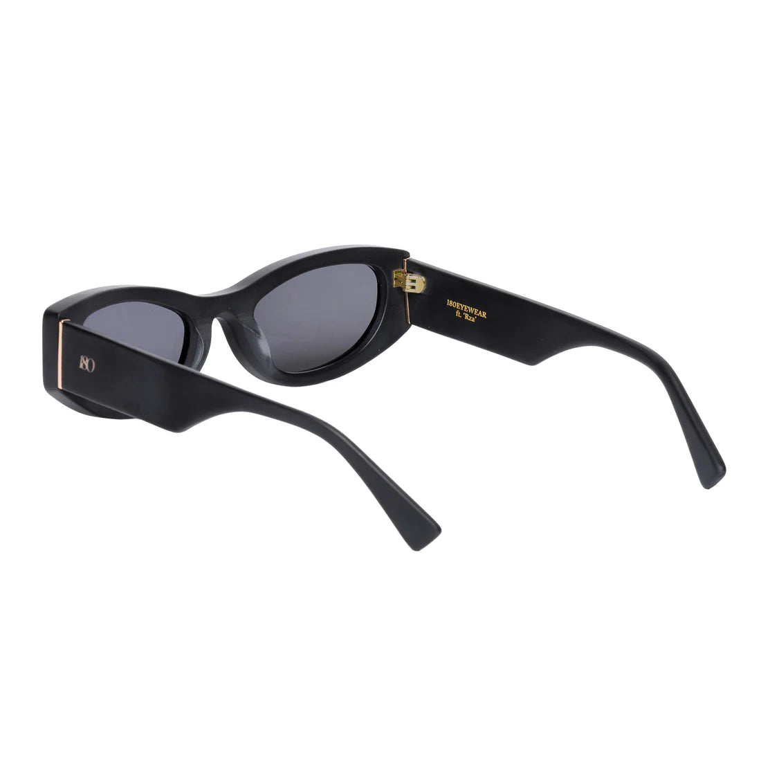 Angled back view of the 180EYEWEAR 'Rza' sunglasses in matte black, showing the matte acetate finish and gold hinge accent.