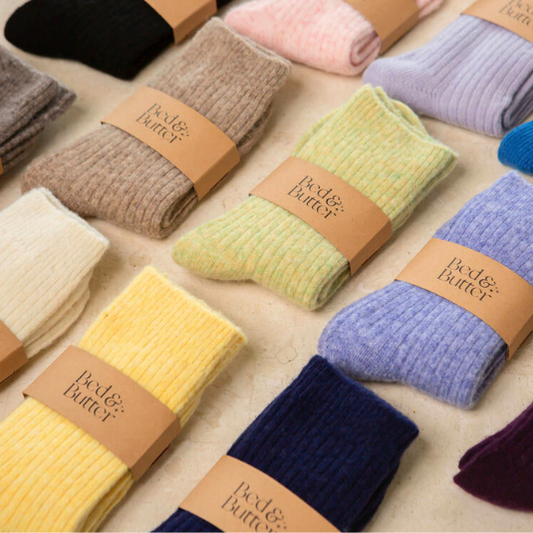 Bed & Butter The Comfiest Socks in Yellow — 7x Sold-Out Collection Made from a blend of responsibly sourced cashmere wool and recycled fibres, these socks will keep your feet cosy and comfy.