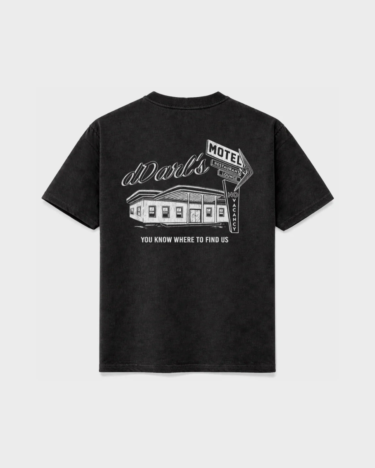 dDARL Motel Tee in Washed Black, back flat lay with motel graphic