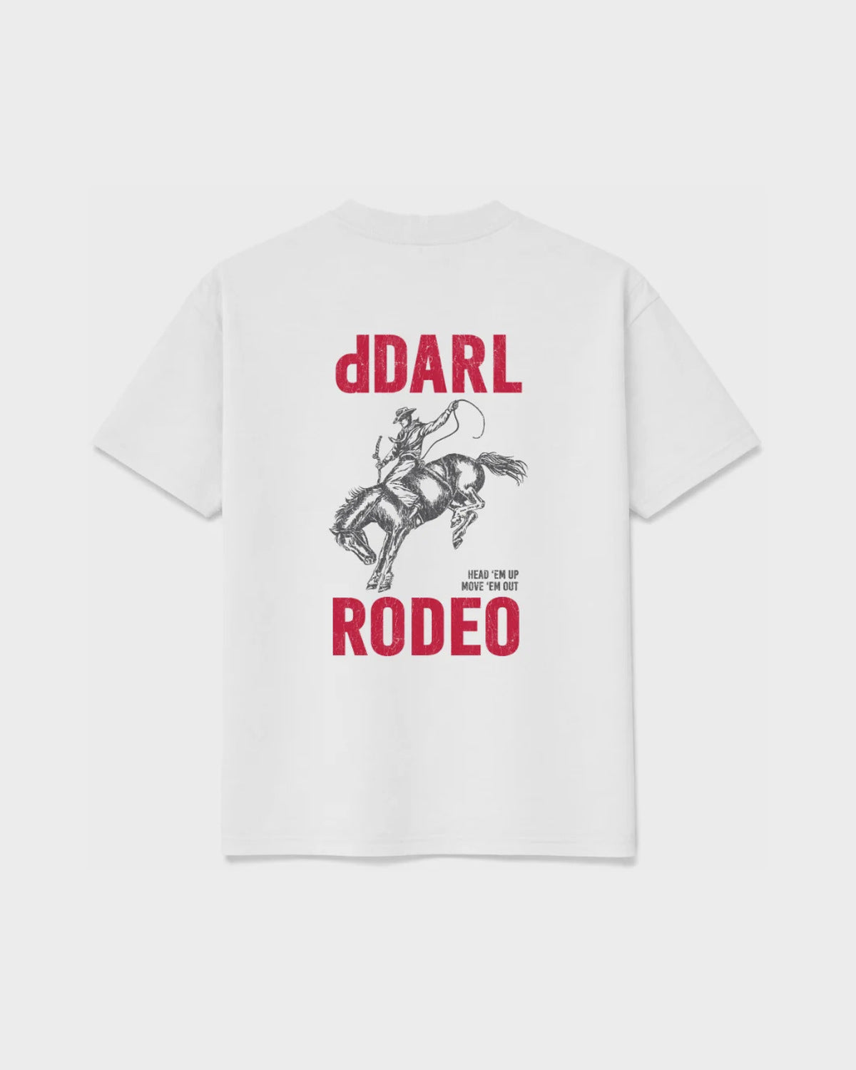dDARL Rodeo Tee in White, back flat lay with rodeo rider graphic