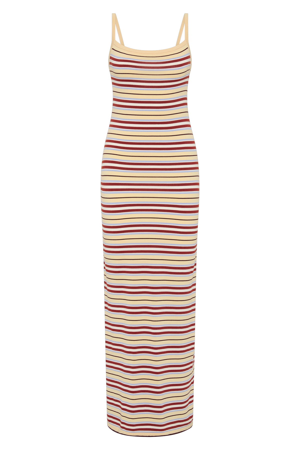 Striped maxi dress shown on its own with slim straps, scoop neckline and softly fitted floor-length silhouette.