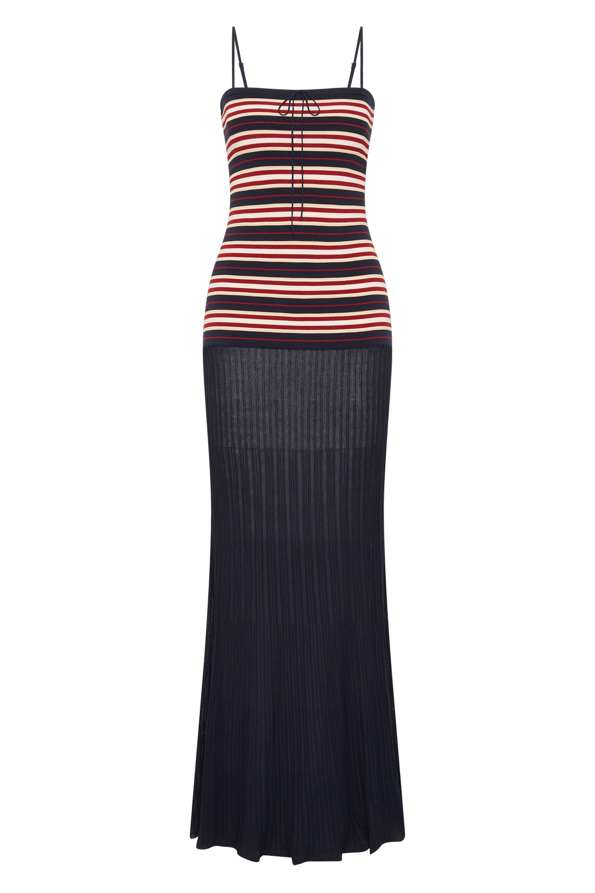Faithfull The Brand Doris Maxi Dress in Cila Stripe Navy, front product view.