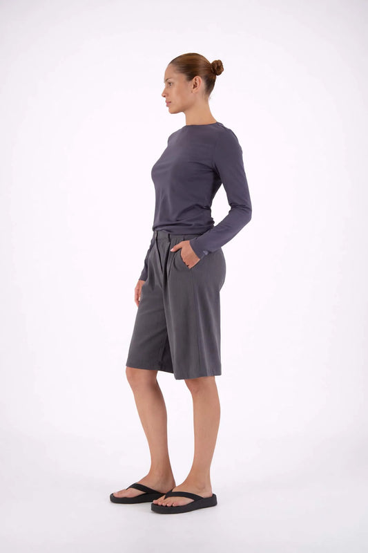 Jasmine Alexa Estelle Bermuda Shorts in Steel Grey — from Jasmine Alexa, the Estelle Bermuda Shorts are tailored with a modern, effortless edge.