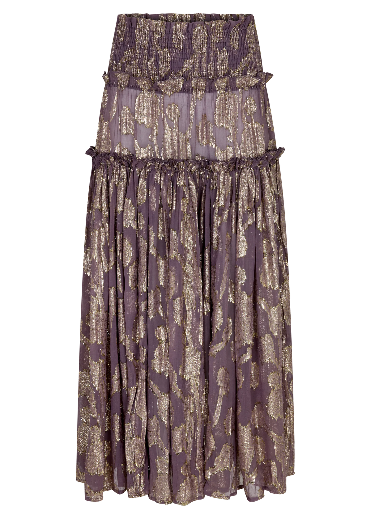 The purple metallic floral shirred maxi skirt is shown on its own with a wide shirred waistband, gathered tiers and a flowing full-length silhouette.