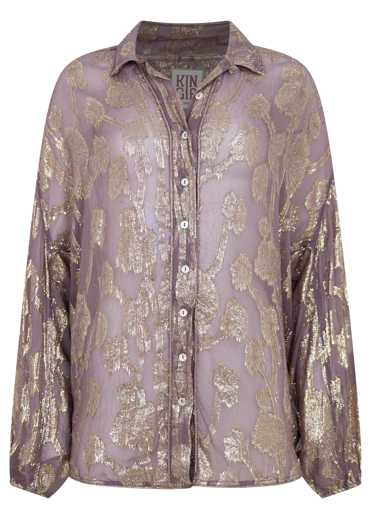 Purple button-through shirt shown on its own with a classic collar, long sleeves and metallic floral pattern throughout.