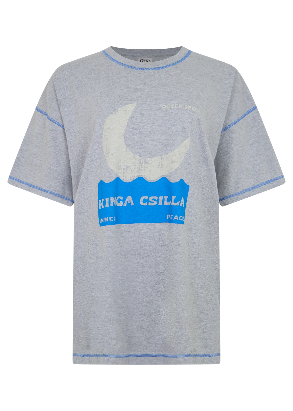 Grey marl oversized short sleeve tee shown on its own with blue contrast stitching and a faded moon, wave and Inner Peace graphic across the front.