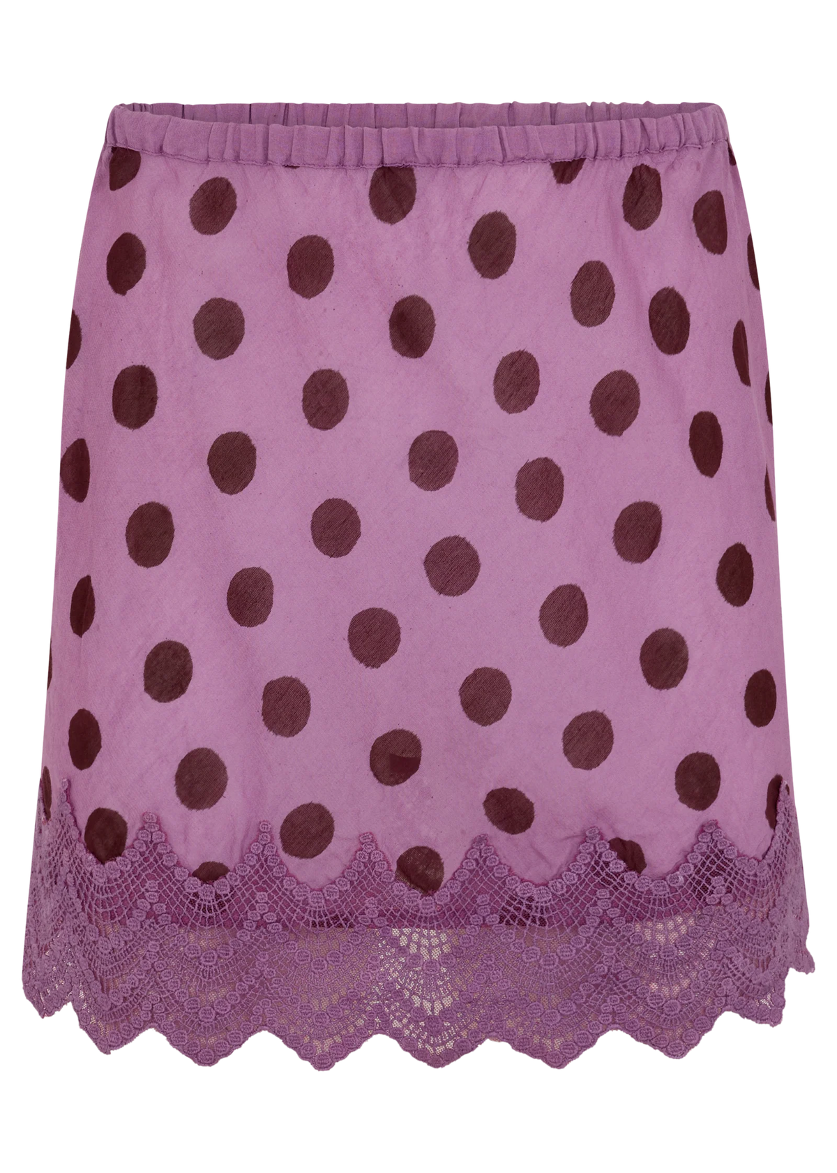 A close-up of a plum mini skirt displayed against a black background, featuring dark polka dots, an elasticated waistband and a wide lace trim with intricate patterns and a scalloped edge.