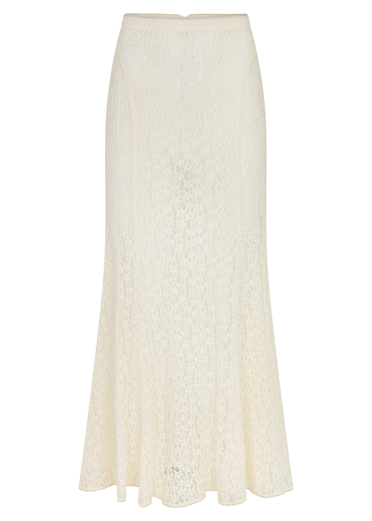 Cream lace maxi skirt shown on its own, showing the fitted waistband, long flowing silhouette, intricate lace texture and softly flared hem.