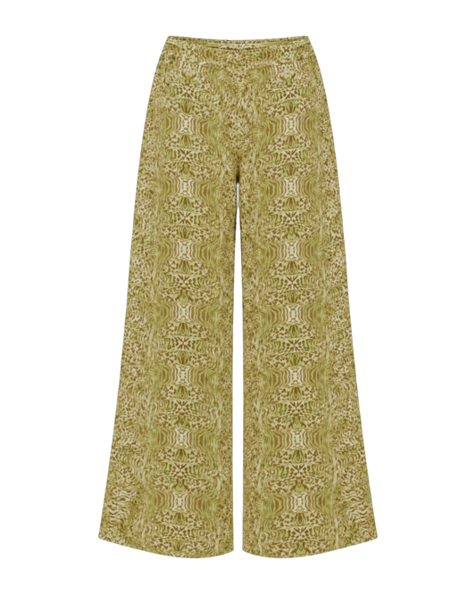 Product-only front view of the Dorato printed wide-leg pants showing the full abstract print and wide-leg silhouette on a plain background.