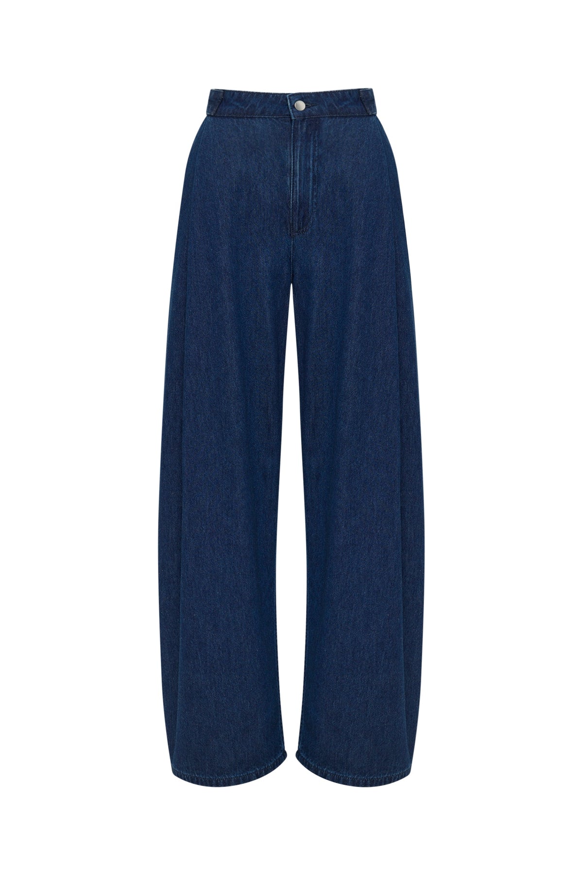 Indigo blue wide-leg denim pants displayed against a white background, showing the full front silhouette, waistband and wide legs.