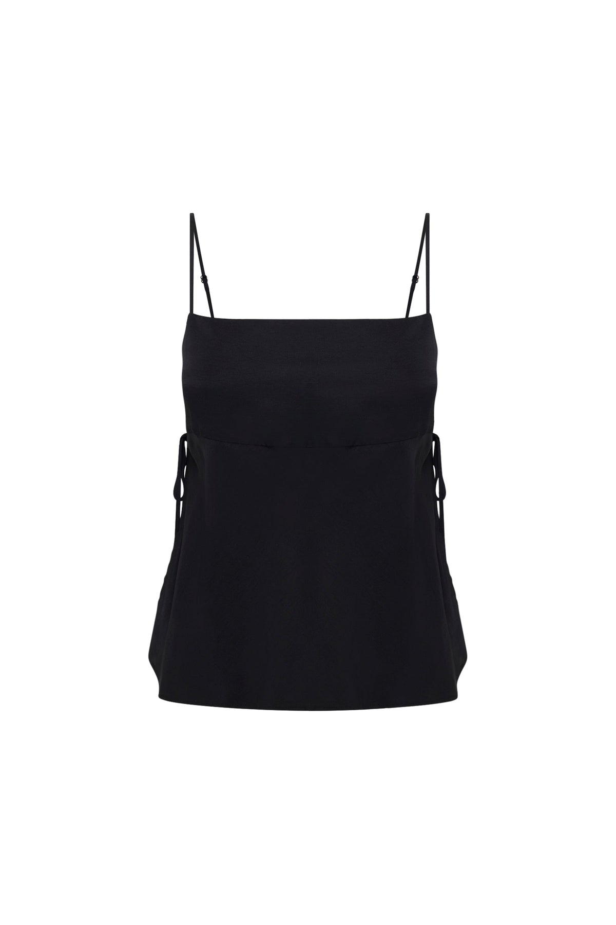 Black cami top displayed against a white background, showing the thin straps, straight neckline and wide side panels.