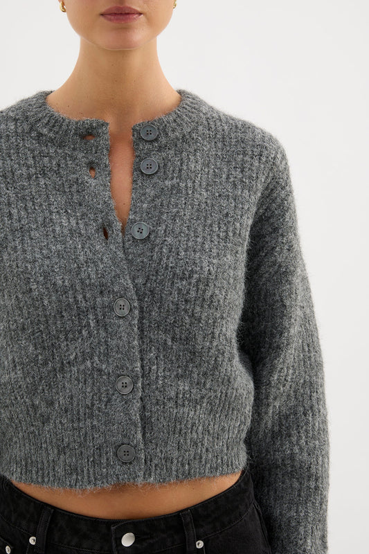 Nude Lucy Nixon Cropped Cardigan in Charcoal — the Nixon Cropped Cardigan by Nude Lucy is crafted from a soft midweight knit with a subtle fluffy texture.