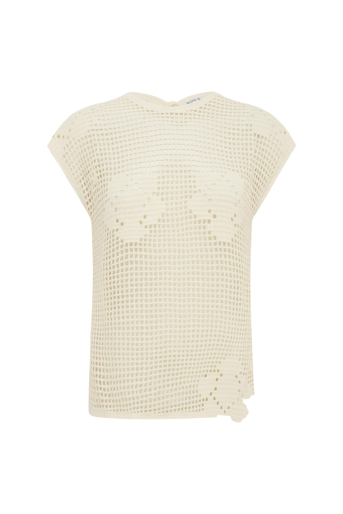 A bone open-weave crochet top is shown alone from the front with floral detailing.
