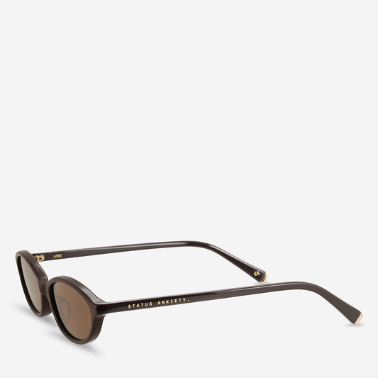 Espresso brown sunglasses shown from a three-quarter front angle, highlighting the slim acetate frame, curved brown lenses, narrow bridge, straight temple arms and small gold-toned hinge details.