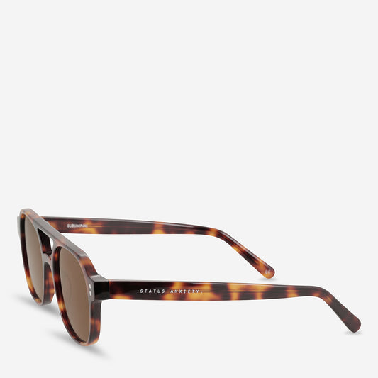 Brown tortoiseshell sunglasses displayed from a three-quarter front angle, showing the rounded rectangular lenses, mottled brown acetate frame, dark tinted lenses, visible hinge details and slim temples opened behind the frame.
