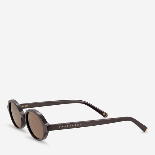 Espresso brown sunglasses shown from a three-quarter front angle, revealing the rounded lens shape, dark brown acetate frame, tinted lenses, slim temples and gold-toned hinge detailing.