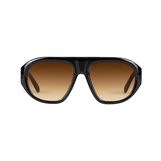 Front view of black sunglasses with brown gradient lenses on a white background.