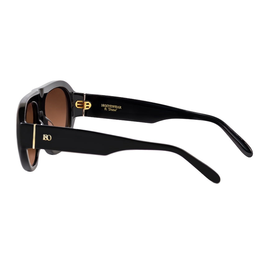 Side view of black sunglasses showing the temples and frame profile.