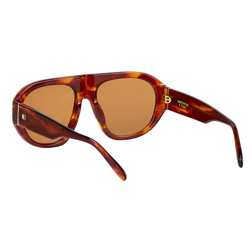 Three-quarter rear view of Havana aviator sunglasses showing the frame, temples and brown lenses.