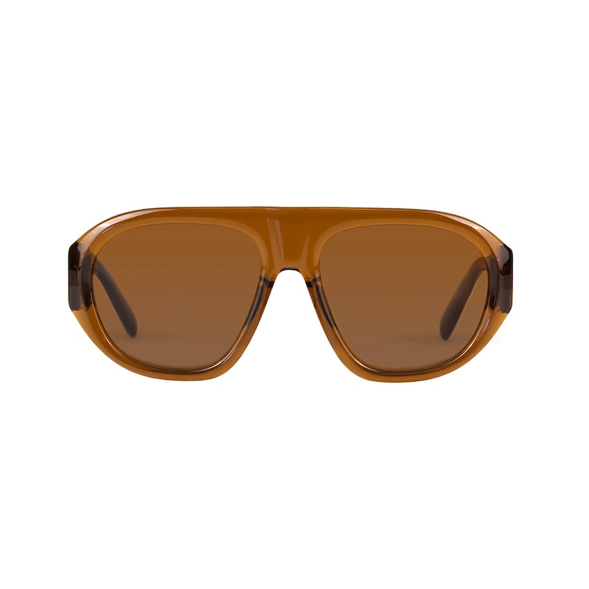 Front view of Whiskey oversized aviator sunglasses with brown lenses and a softly curved full-rim frame.