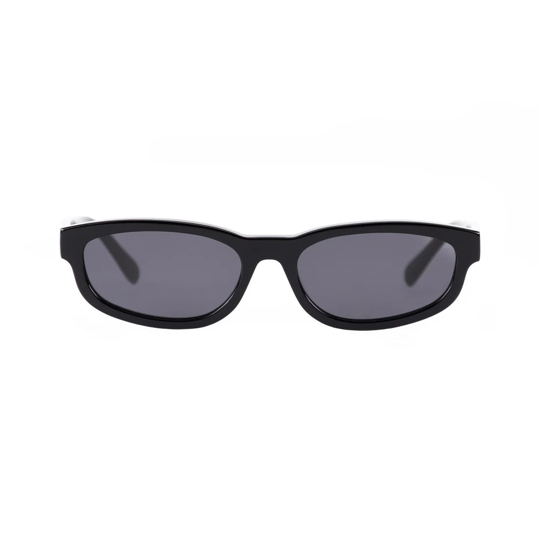 180EYEWEAR 'Gia' sunglasses in gloss black with black lenses, front-facing studio shot on a white background showing the rectangular frame and gold hinge detail.