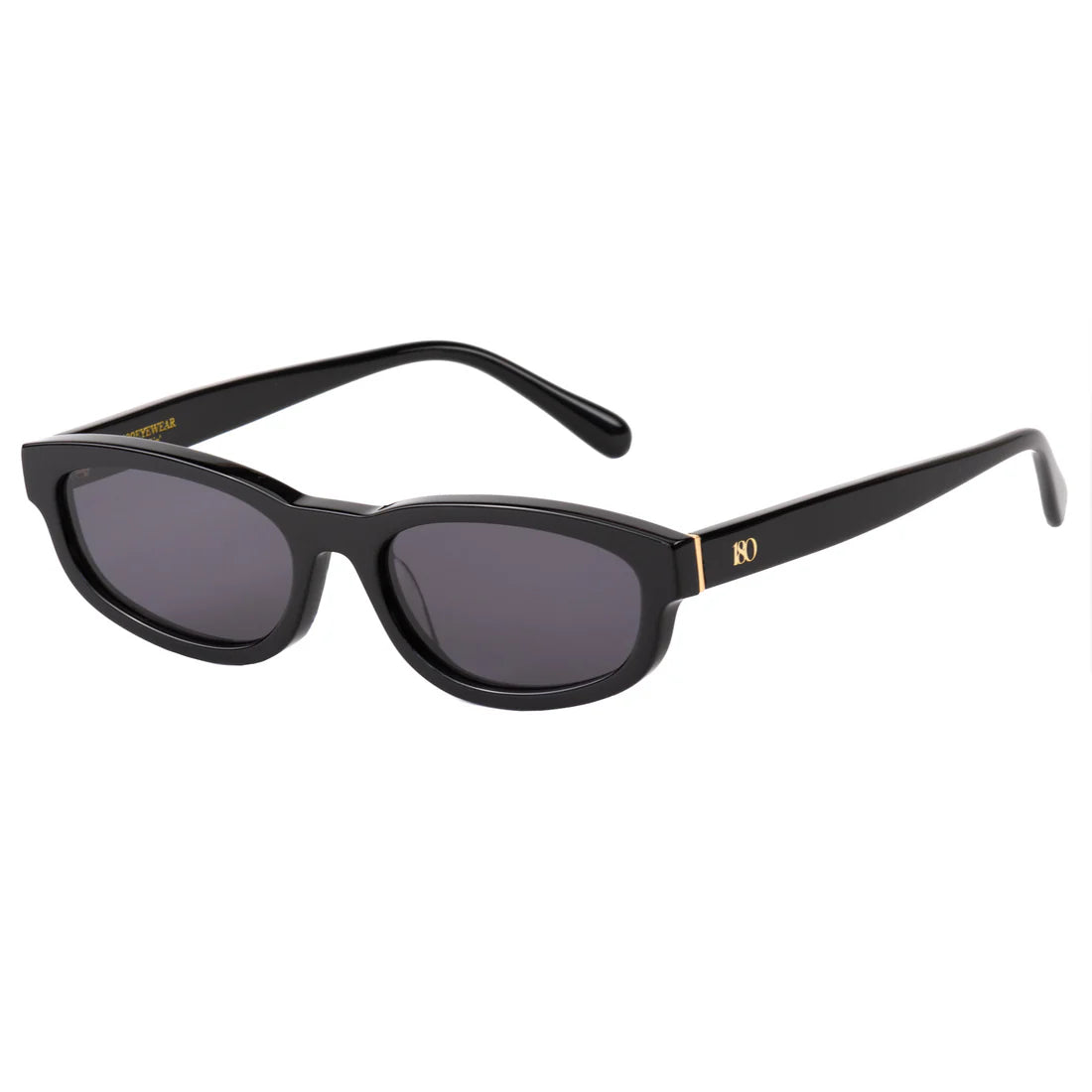Angled three-quarter view of the 180EYEWEAR 'Gia' sunglasses in gloss black, showing the gold '8O' hinge logo and glossy acetate rectangular frame.