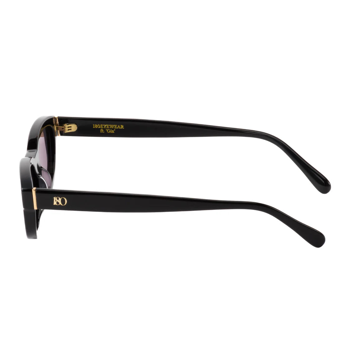Close angled view of the 180EYEWEAR 'Gia' sunglasses in gloss black, showing the gold '180EYEWEAR & Gia' engraving on the inside of the temple arm.