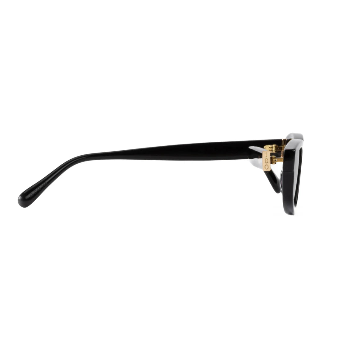 Side profile view of the 180EYEWEAR 'Gia' sunglasses in gloss black, showing the straight temple arm and rectangular lens shape.