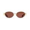180EYEWEAR 'Isla' sunglasses in gold with brown lenses, front-facing studio shot on a white background showing the oval metal frame and tortoiseshell temple tips.