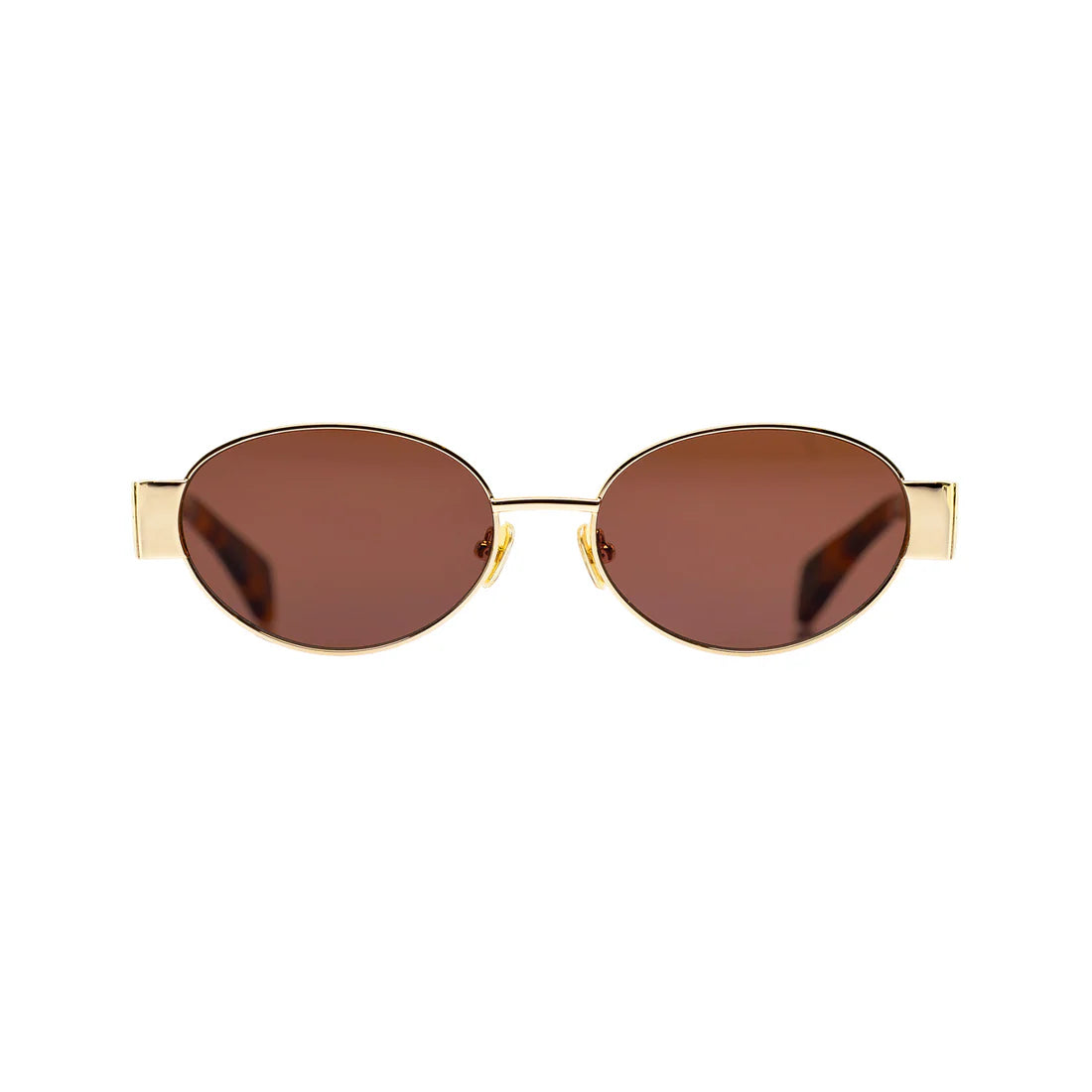 180EYEWEAR 'Isla' sunglasses in gold with brown lenses, front-facing studio shot on a white background showing the oval metal frame and tortoiseshell temple tips.