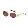 Angled three-quarter view of the 180EYEWEAR 'Isla' sunglasses in gold with brown lenses, showing the tortoiseshell temple tips and gold hinge hardware.