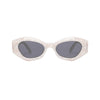 180EYEWEAR 'Rufus' sunglasses in pearl white with black lenses, front-facing studio shot on a white background showing the geometric cat-eye frame.
