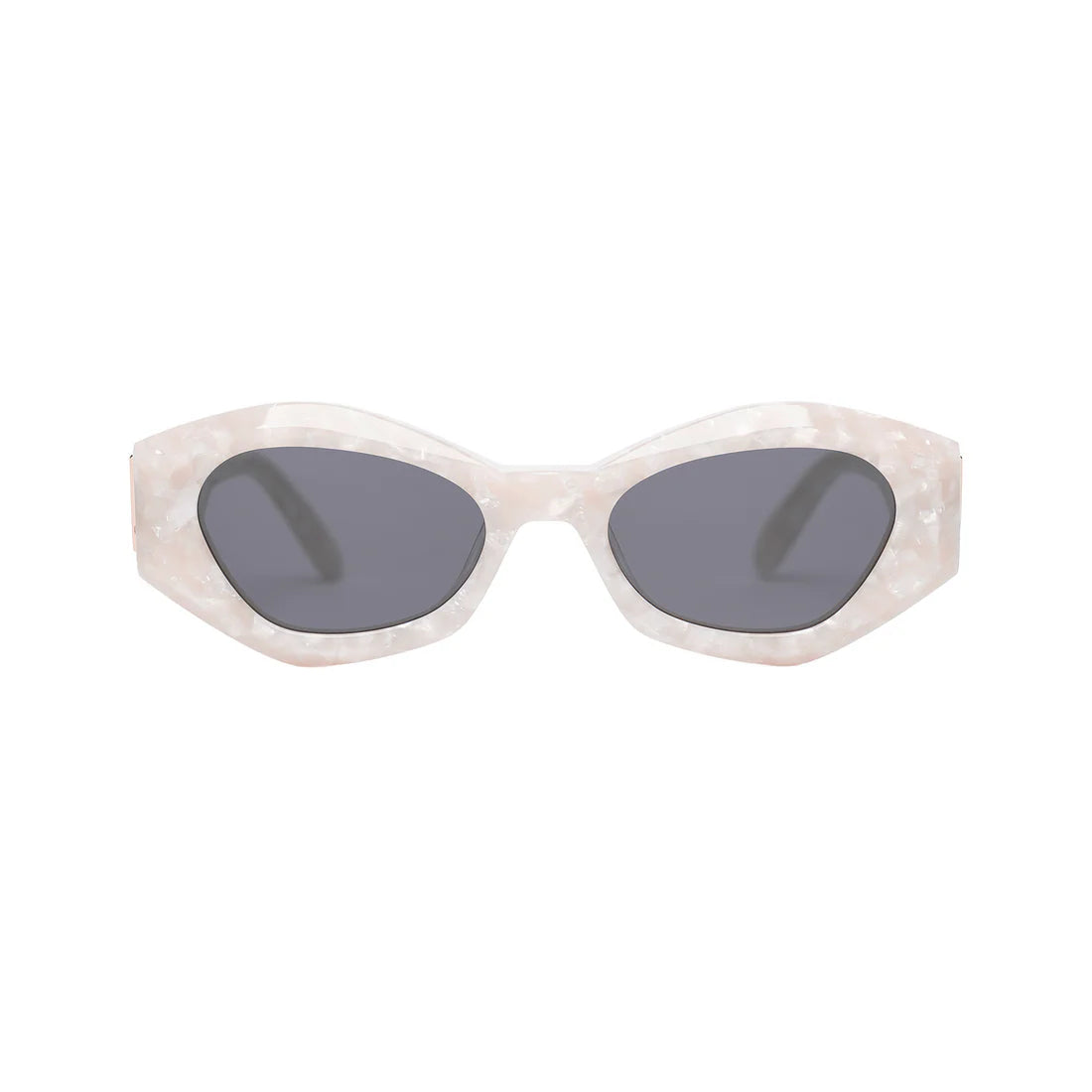 180EYEWEAR 'Rufus' sunglasses in pearl white with black lenses, front-facing studio shot on a white background showing the geometric cat-eye frame.