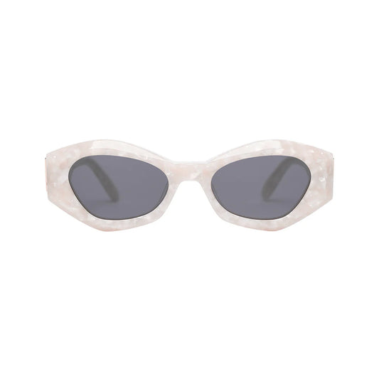 180EYEWEAR 'Rufus' sunglasses in pearl white with black lenses, front-facing studio shot on a white background showing the geometric cat-eye frame.