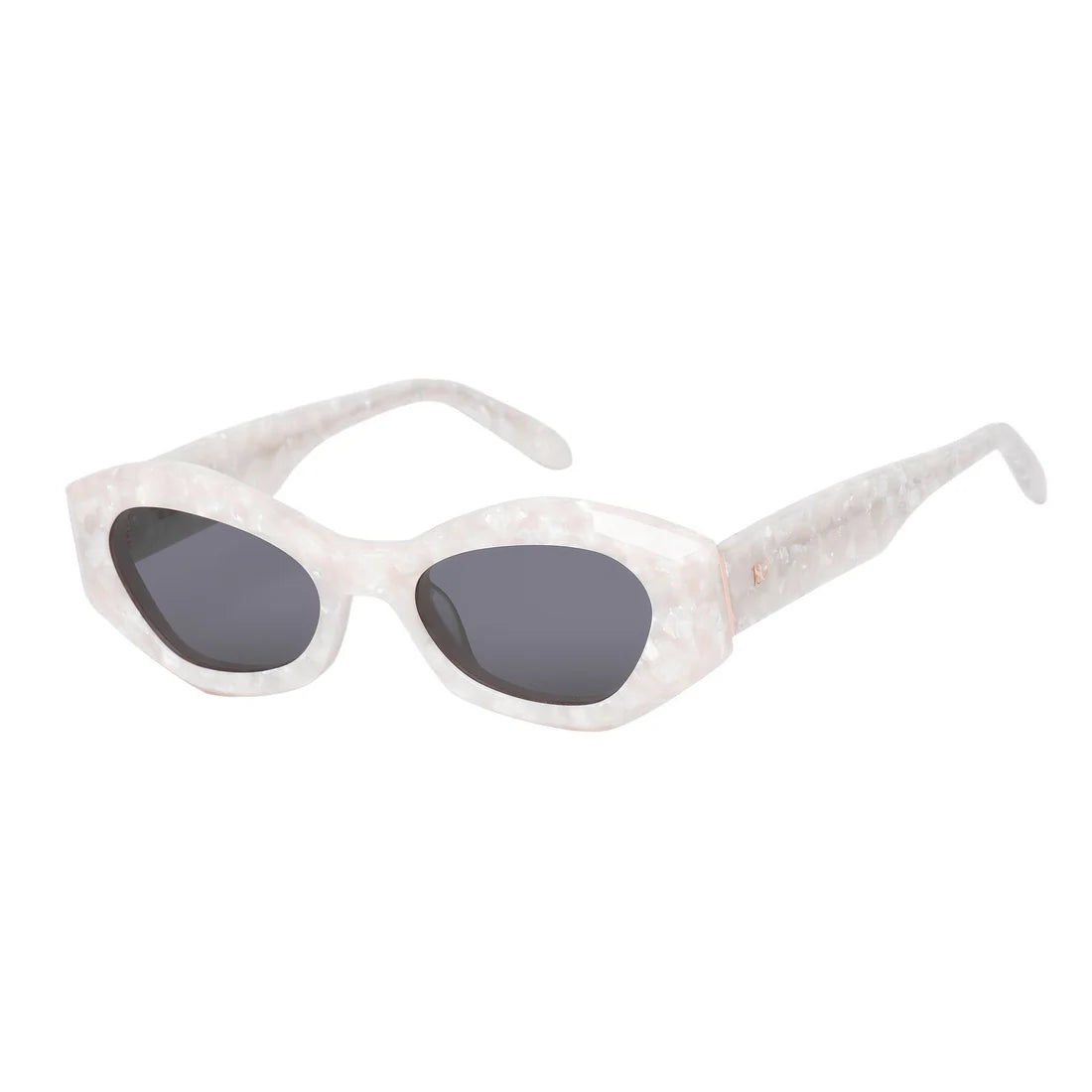 Angled three-quarter view of the 180EYEWEAR 'Rufus' sunglasses in pearl white, showing the geometric frame and pearlescent acetate finish.