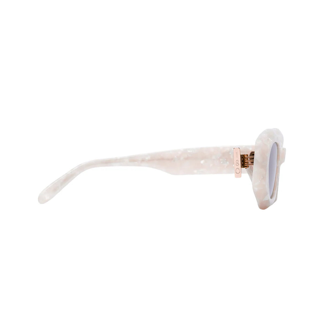 Side profile view of the 180EYEWEAR 'Rufus' sunglasses in pearl white, showing the pearlescent acetate finish and rose gold hinge accent.