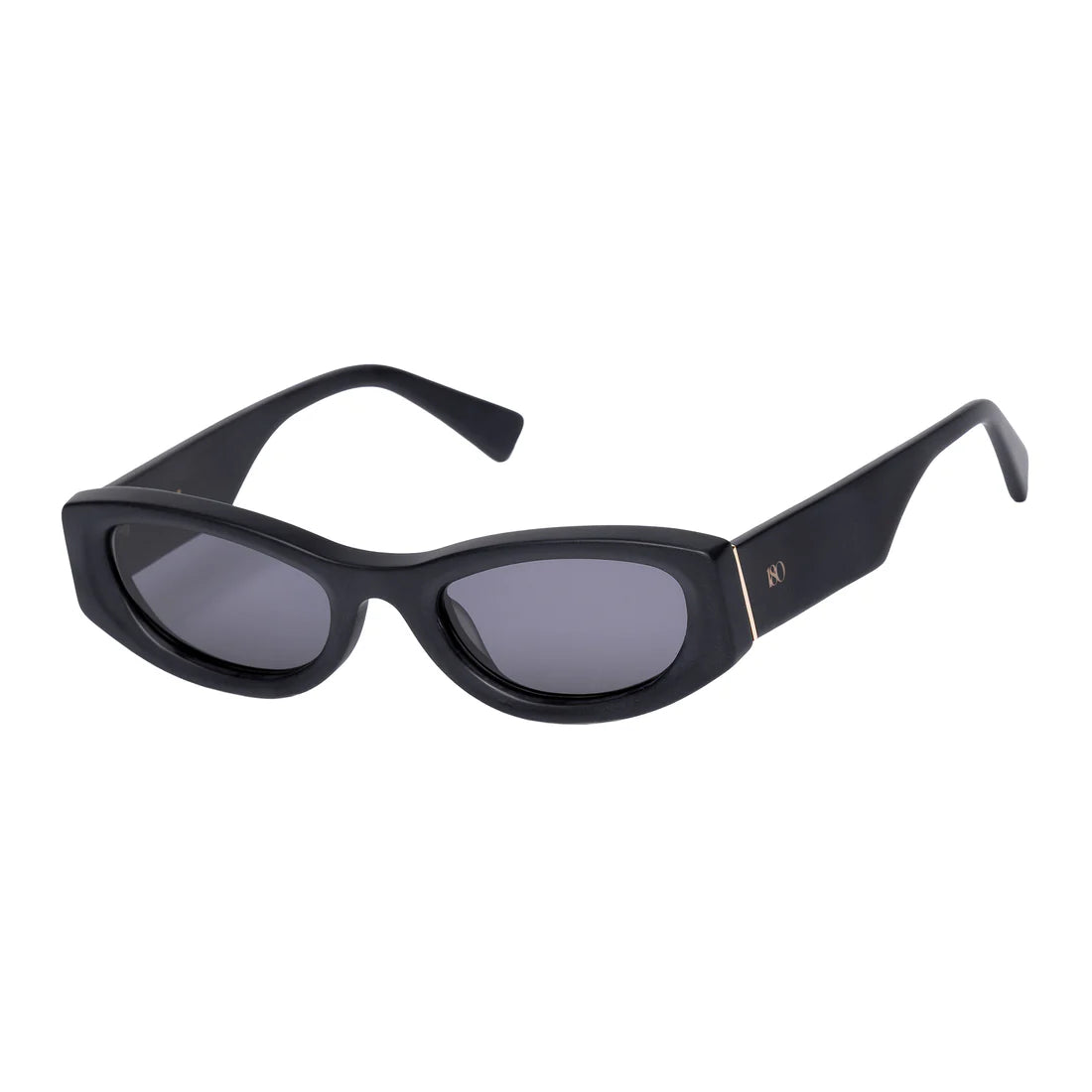 Angled three-quarter view of the 180EYEWEAR 'Rza' sunglasses in matte black, showing the rectangular frame and gold logo hardware.
