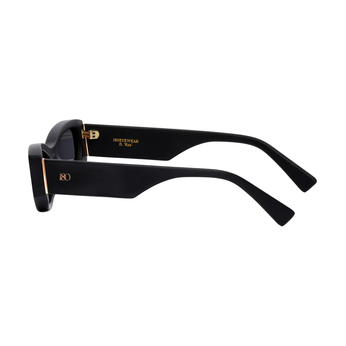 Interior angled view of the 180EYEWEAR 'Rza' sunglasses in matte black, showing the gold '180EYEWEAR' branding on the inside of the temple arm.