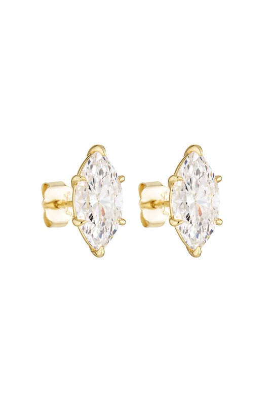 Porter Marquise Studs 2CT in Gold, showing the marquise-cut cubic zirconia stones in a gold vermeil setting