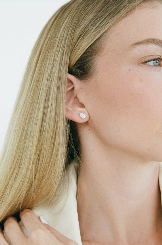 Porter Pear Studs 1CT, showing the pear-cut cubic zirconia stones and prong setting