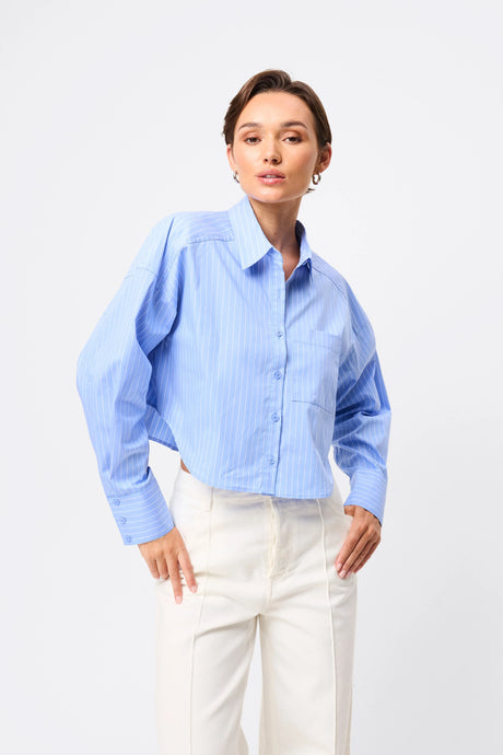 Mossman 'Repeat After Me Cropped Shirt' - Blue Stripe