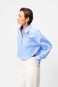 Mossman 'Repeat After Me Cropped Shirt' - Blue Stripe