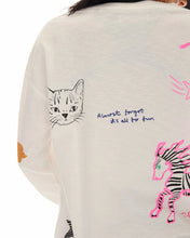 White sweatshirt with cat illustration and text on a white background
