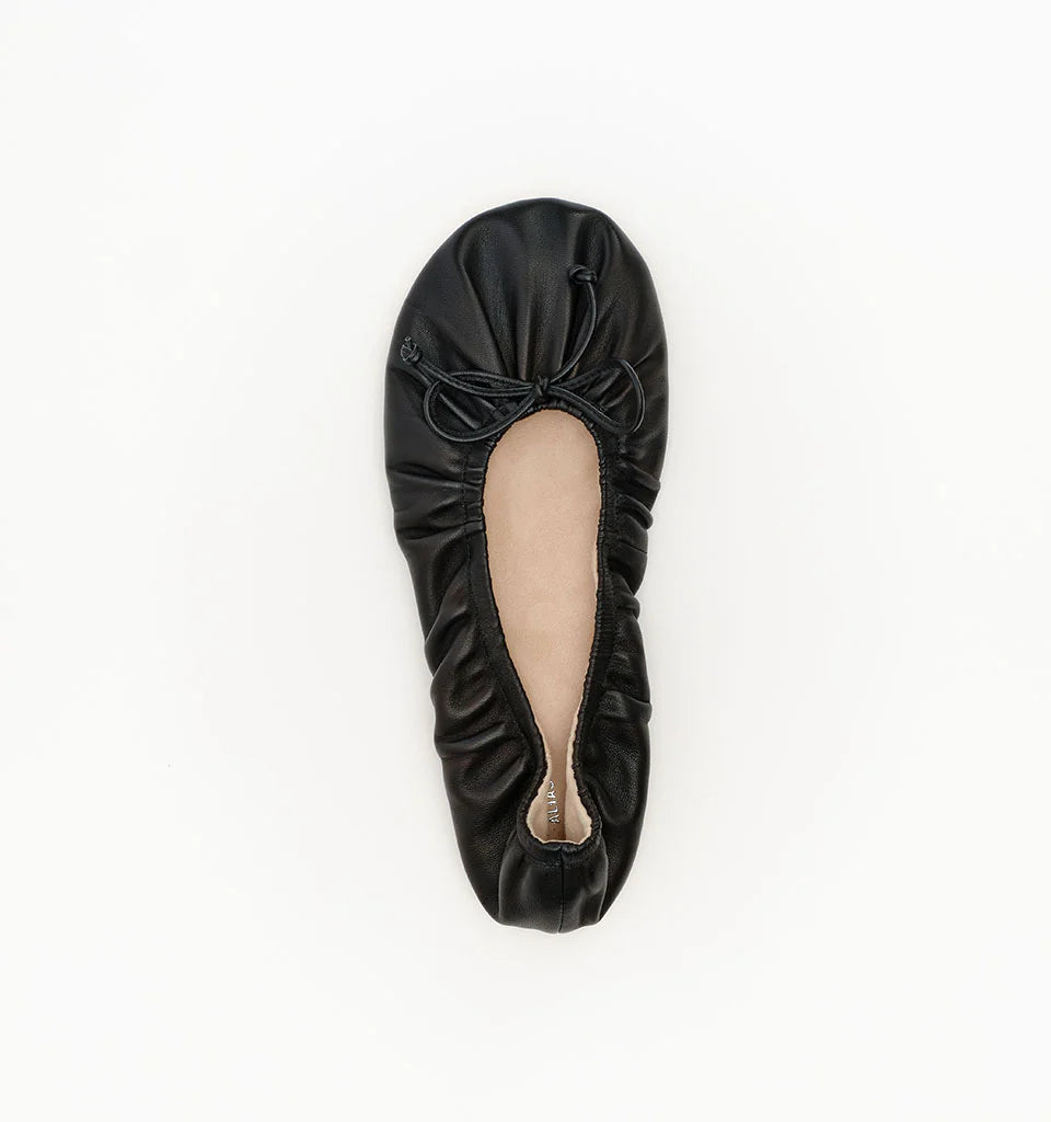 Alias Mae Fyfe Ballet Flats in Black Leather — the Alias Mae Fyfe Ballet Flats bring a polished, feminine finish to an everyday footwear staple, featuring a softly ruched silhouette and delicate bow detail.
