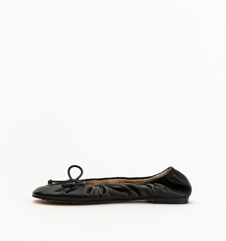 Alias Mae Fyfe Ballet Flats in Black Leather — the Alias Mae Fyfe Ballet Flats bring a polished, feminine finish to an everyday footwear staple, featuring a softly ruched silhouette and delicate bow detail.