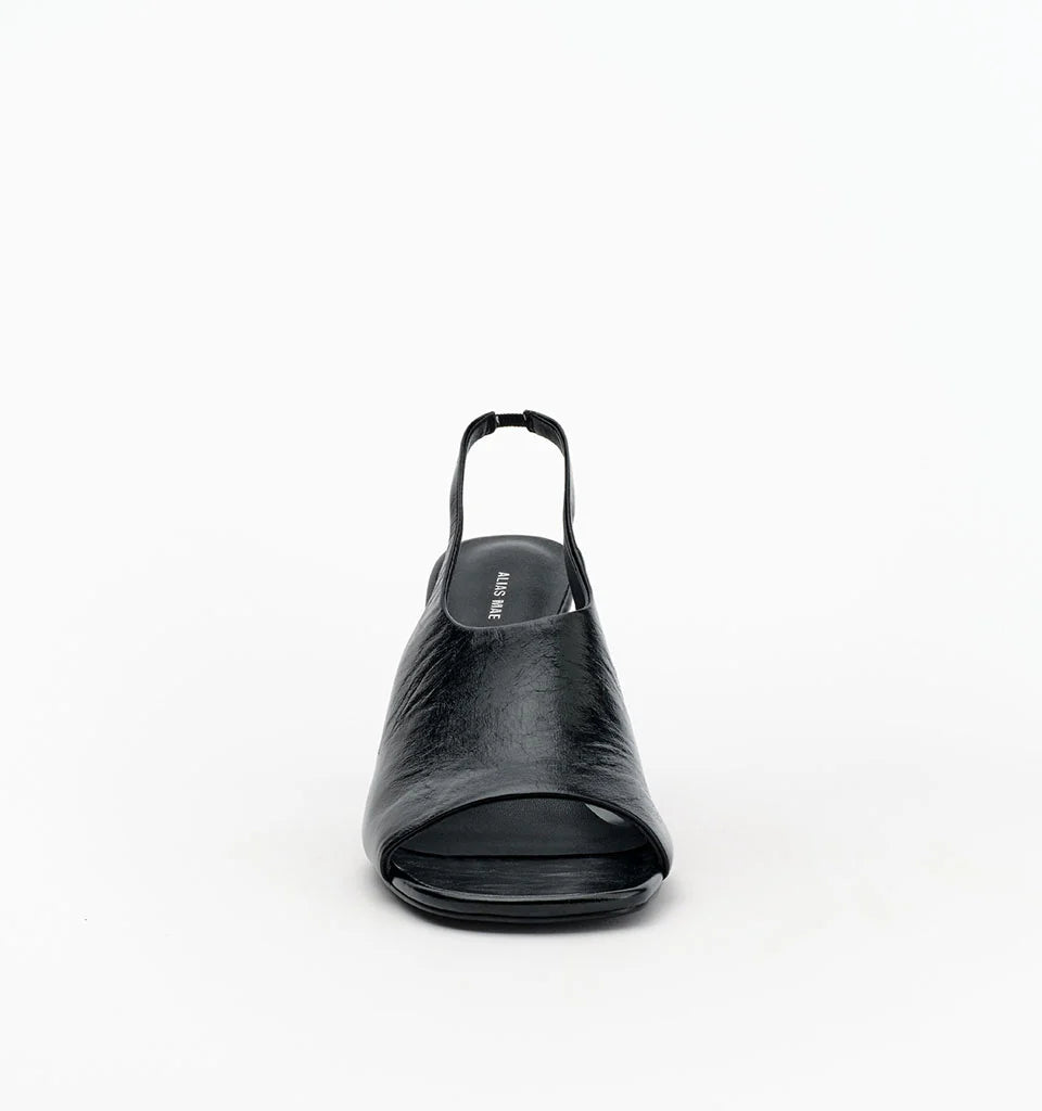 Alias Mae Jackie Slingback Heels in Black Oily Crinkle Leather — the Alias Mae Jackie Slingback Heels bring a sleek, sophisticated edge to your occasion wardrobe, featuring an open toe and elegant slingback silhouette.