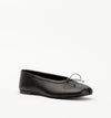 Alias Mae Lana Tabi Ballet Flat in Black Tumble, angled front view showing the split toe and bow detail.
